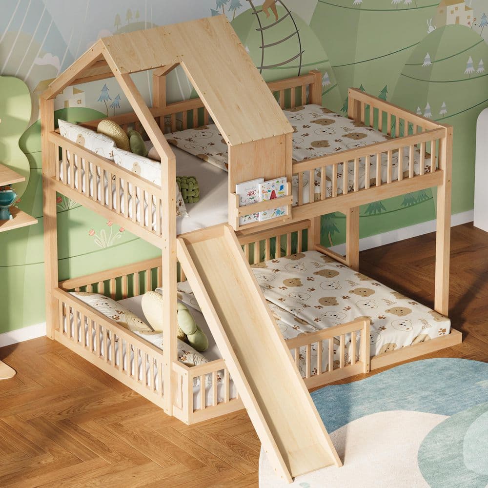 Natural Full XL Over Queen House Floor Bunk Bed with Slide, Ladder price history on PriceWatchPro