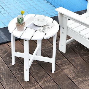 White 2 -Pieces Round Wood 18 in. Patio Side End Outdoor Coffee Table Wooden Slat Deck