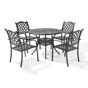 Classic Dark Brown 5-Piece Cast Aluminum Round Outdoor Dining Set with Table and Stackable Dining Chairs