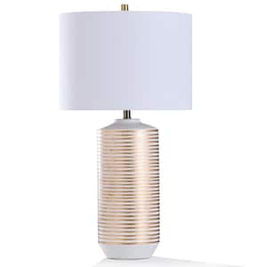 32 in. Threaded Gold and White Spool Ceramic Bedside Lamp