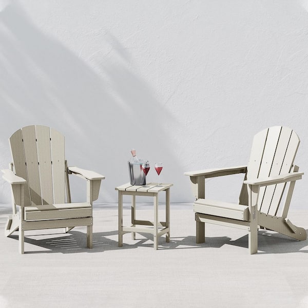Laguna 3-Piece Fade Resistant Outdoor Patio HDPE Poly Plastic Folding Adirondack Chair Set with Side Table in Sand