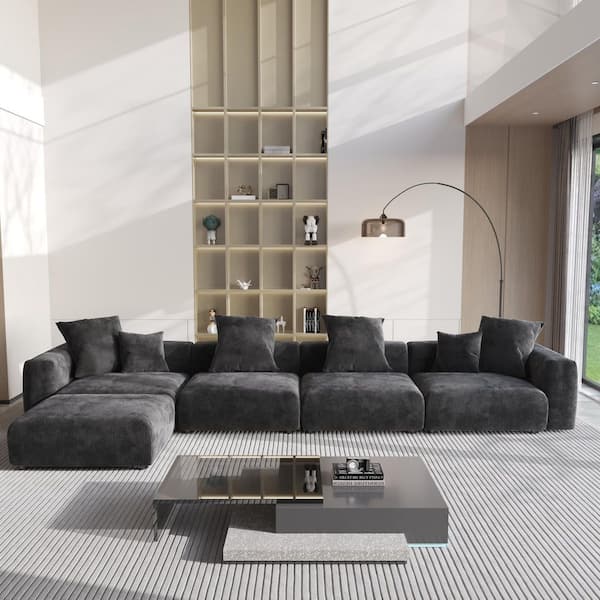 J&E Home 5-Piece Black 181 in. Corduroy Velvet L-Shaped Sectional Sofa with Ottoman and Removerble Covers Living Room Set