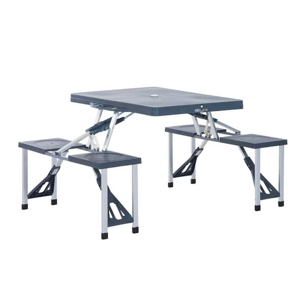 Unbranded 33.25 in. Gray Rectangle Folding Picnic Table with Seats and Umbrella Hole 4-Seat Camping Table Set with Aluminum Frame