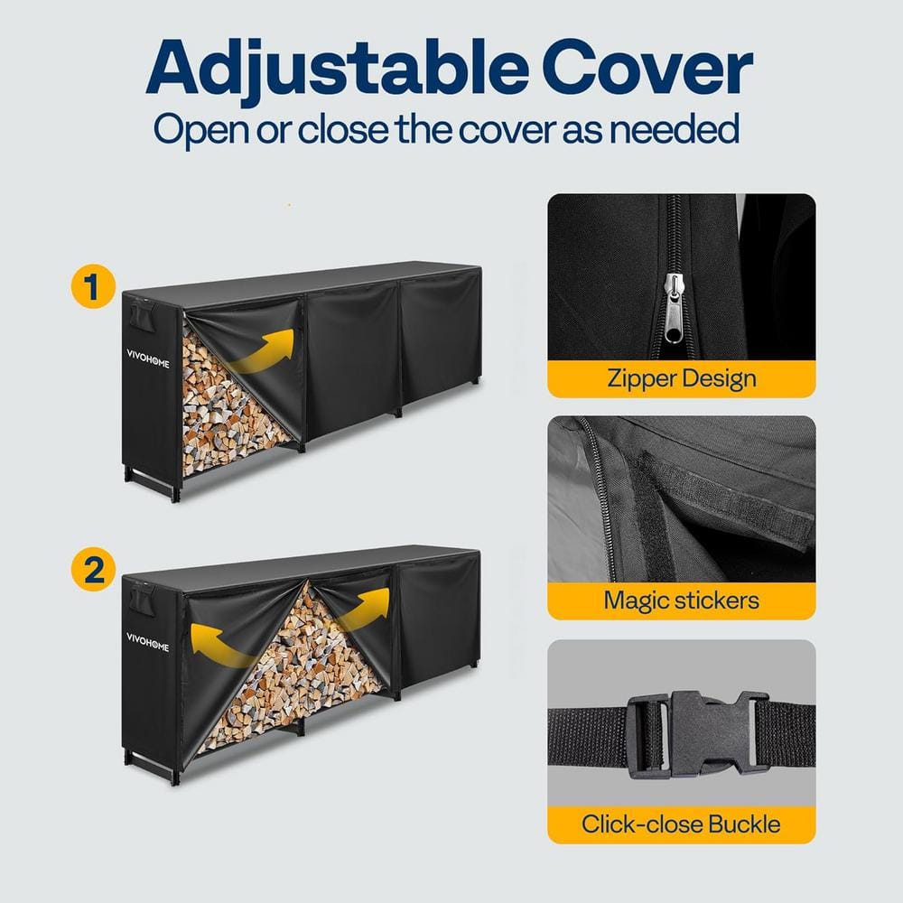 10 ft Black Heavy Duty Outdoor Firewood Rack with Cover