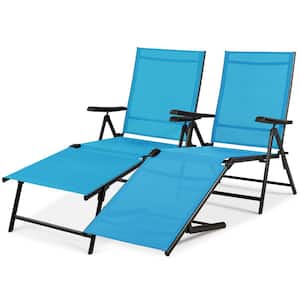 2-Piece Steel Outdoor Chaise Lounge Chair Adjustable Folding Pool Lounger - Teal