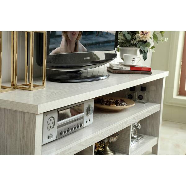 Welwick Designs 58 in. Caramel Solid Wood TV Stand Fits TVs Up to 65 in. with Cutout Cabinet Handles