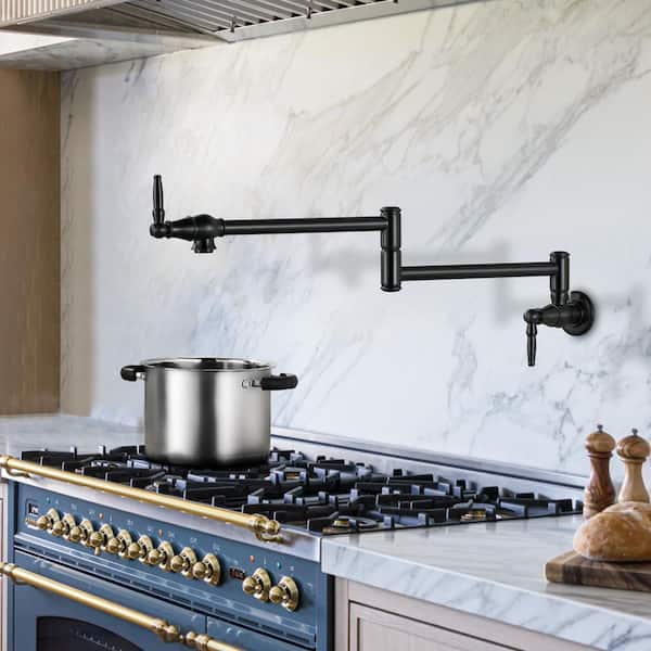 Wall Mounted Pot Filler 2-Handles Kitchen Faucet with 360° Spout Swivel in Matte Black