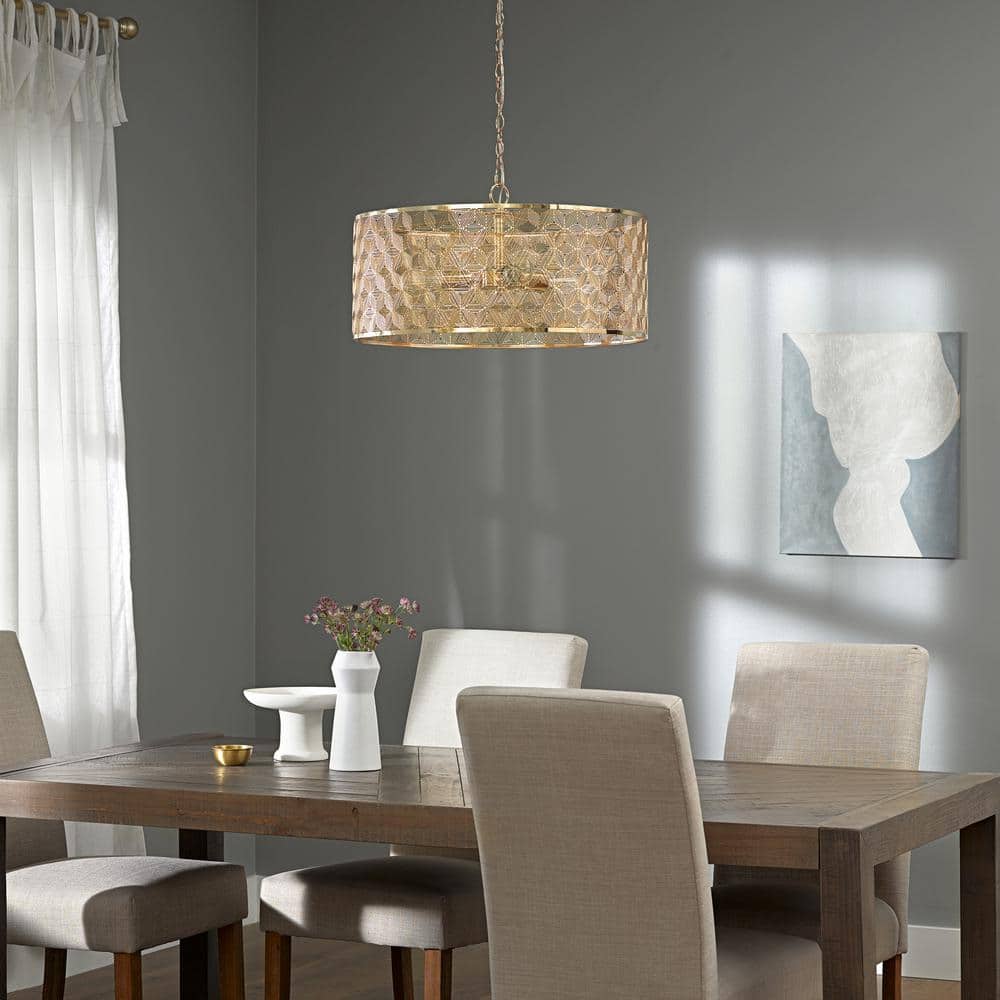 Elegant Polished Gold 25.5" Drum Chandelier with Geometric Cutouts