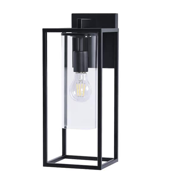 15.9 in. Black Hardwired Outdoor Wall Light Lantern Sconce with No Bulbs Included with Rectangle Clear Glass