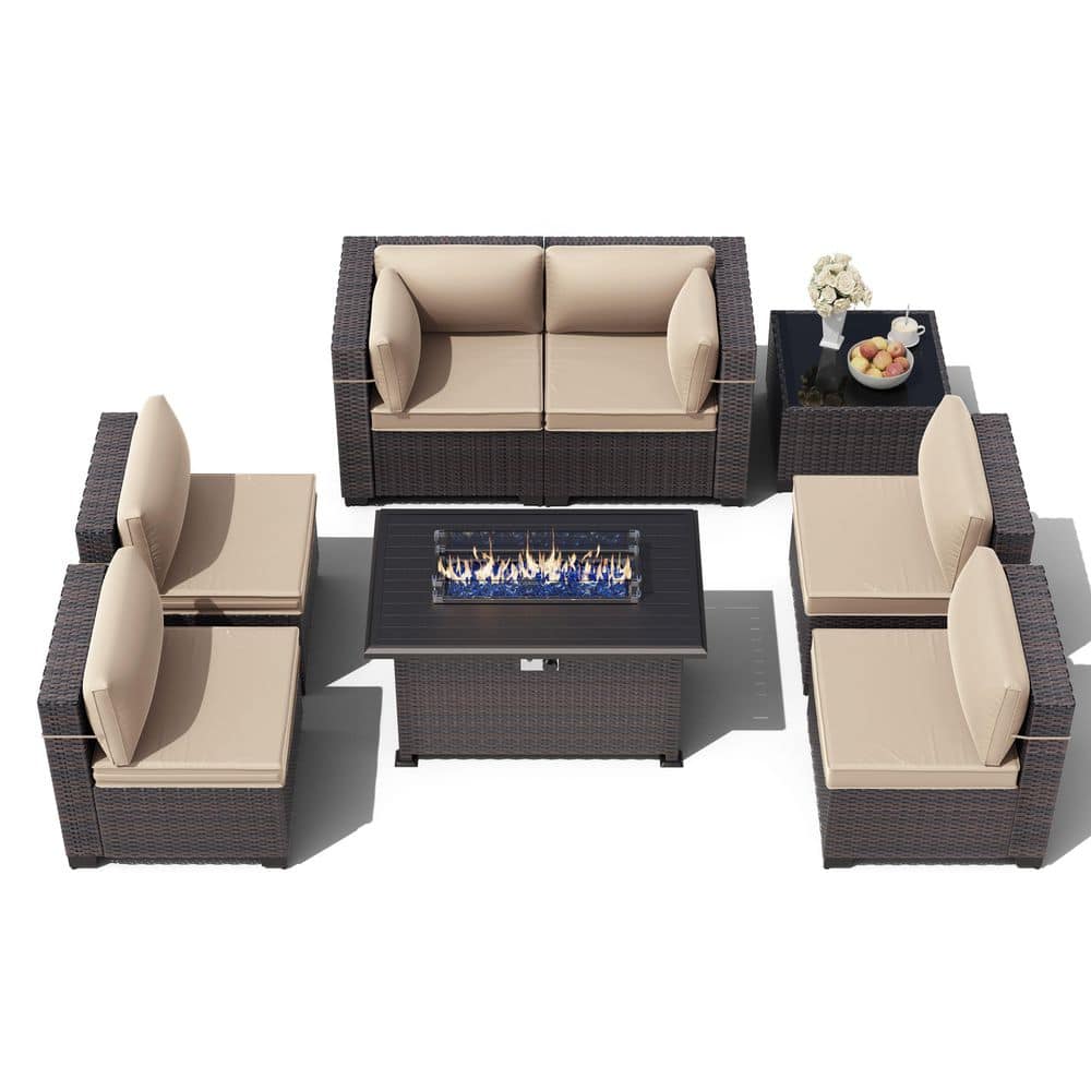8-Piece Brown Wicker Patio Conversation Set with Fire Pit Table, High Backrest, Coffee Table and Khaki Cushions price history on PriceWatchPro