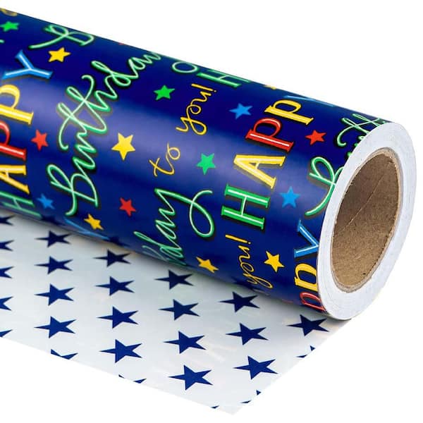 N/A Reversible Birthday Wrapping Paper 17 in. X 33 ft. Blue Star Happy Birthday Design for Holidays
