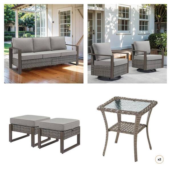 Gray Wicker 3-Seat Sofa, Rocking Chairs (Set 2-Pack), Ottoman and Side Table Combo
