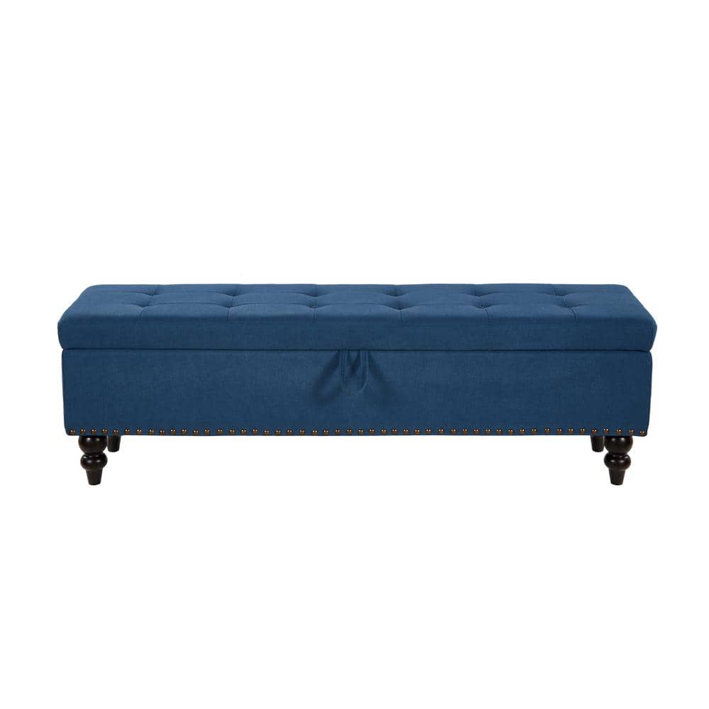 59 in. W x 17.32 in. D x 18 in. H Blue Cotton Linen Cabinet with Bed Bench 