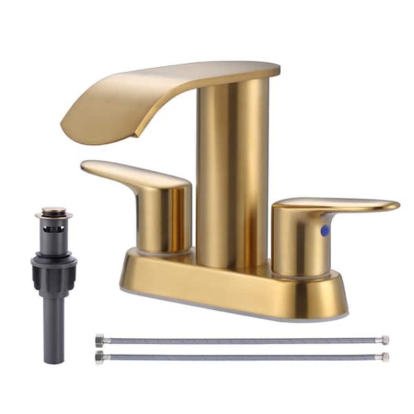 ALEASHA 4 in. Centerset Double Handle WaterFall Bathroom Faucet with Drain Kit Included in Gold