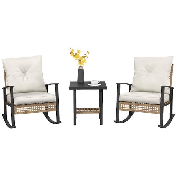 Unbranded White 3-Piece Wicker Outdoor Bistro Set with White Cushion