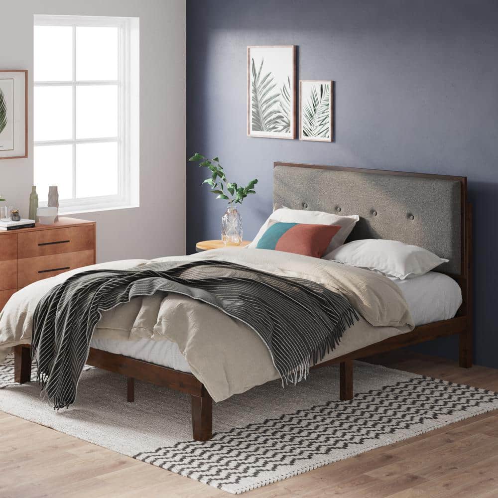 Moiz Queen Brown Wood Platform Bed Frame with Gray Upholstered Headboard