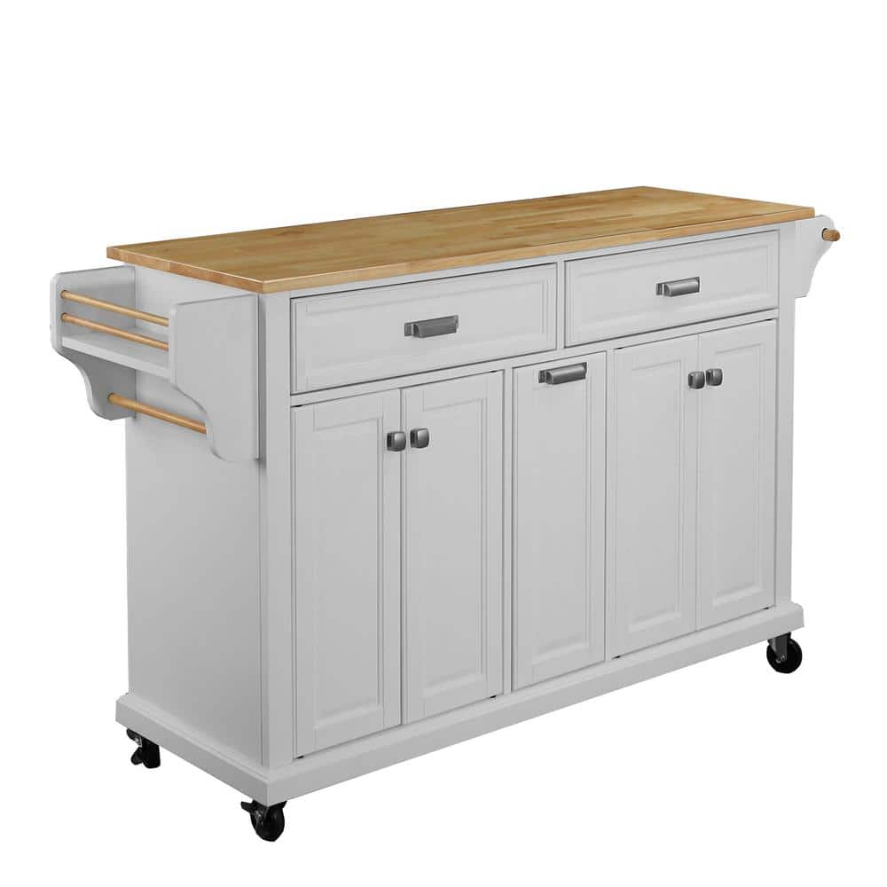 FAMYYT Cambridge White Rubberwood Tabletop 60.5 in. Kitchen Island with ...