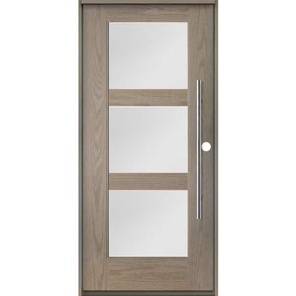 Krosswood Doors Modern Faux Pivot 36 in. x 80 in. 3-Lite Left-Hand/Inswing Satin Glass Oiled Leather Stain Fiberglass Prehung Front Door