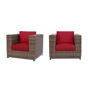 Fernlake Brown Wicker Outdoor Patio Stationary Lounge Chair with CushionGuard Chili Red Cushions (2-Pack)