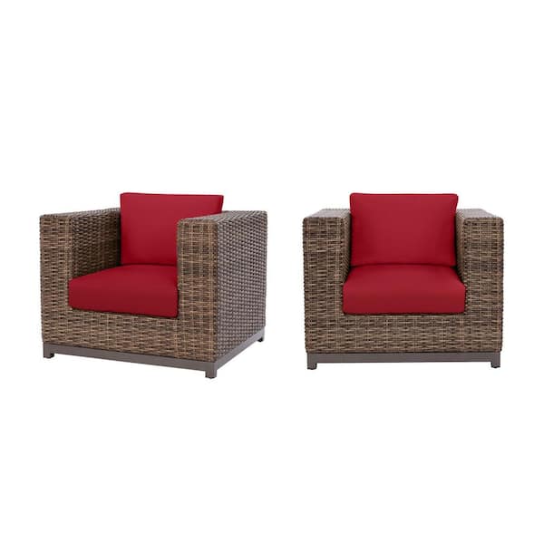 Hampton Bay Fernlake Brown Wicker Outdoor Patio Stationary Lounge Chair with CushionGuard Chili Red Cushions (2-Pack)