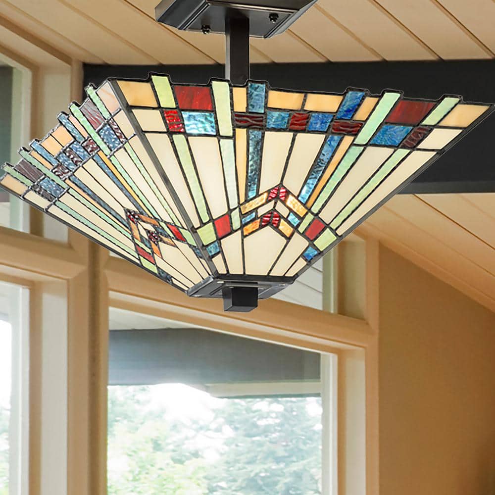 Mission-Inspired 18'' Tiffany Style Stained Glass Semi-Flush Mount in Oil-Rubbed Bronze