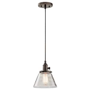 Avery 8 in. 1-Light Olde Bronze Farmhouse Shaded Kitchen Cone Mini Pendant Hanging Light with Clear Seeded Glass