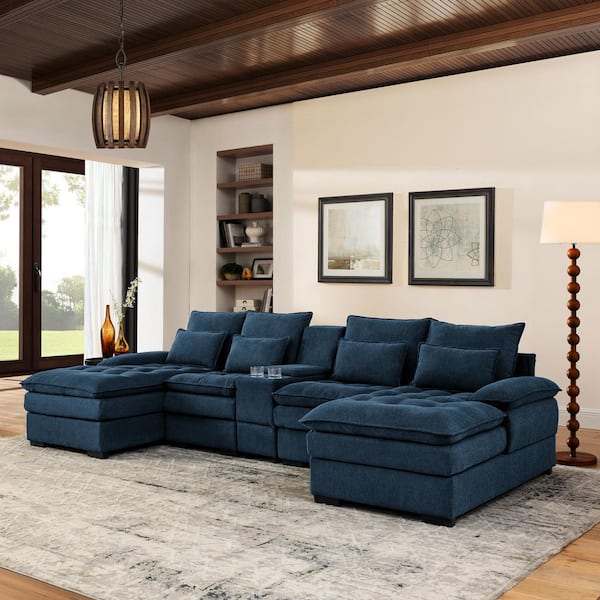 Martina 130 in. Fabric U-Shaped Sectional Sofa in Blue with Console, Cup Holders