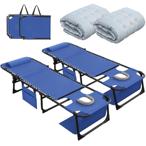 Tozey 2-Pieces Metal Folding Outdoor Chaise Lounge with Gray Cushion and Face Hole, 5-Position Reclining Portable Chair, Blue