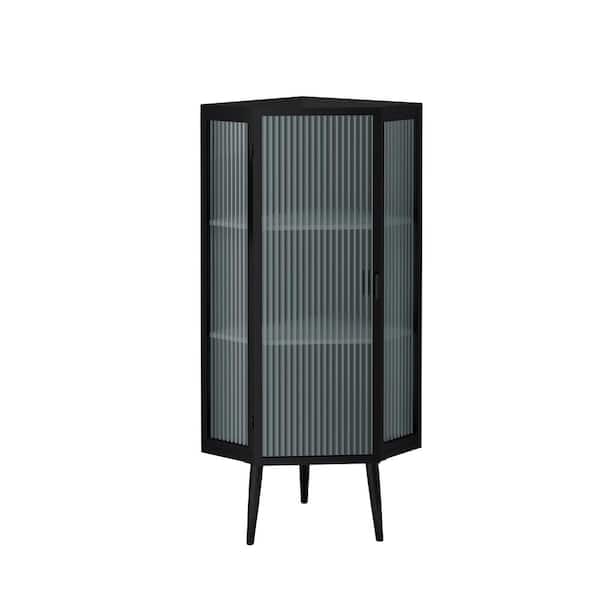 Zeus & Ruta 22.25 in. W x 16.54 in. D x 43.3 in. H Black Linen Cabinet with Tempered Glass Doors and Storage Shelves