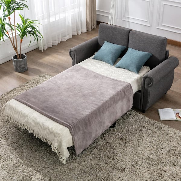Harper & Bright Designs Loveseat 59 in. Gray Linen Pull Out 2-Seater Sleeper Sofa Bed with Memory Mattress
