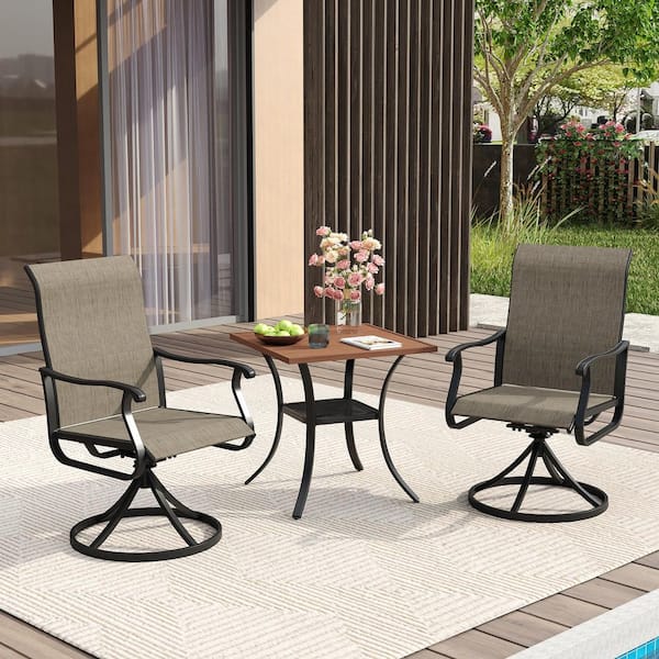 3 Piece Metal Outdoor Patio Dining Set with 27.6 in. Walnut Square Dining Table and 2 Black Swivel Dining Chairs
