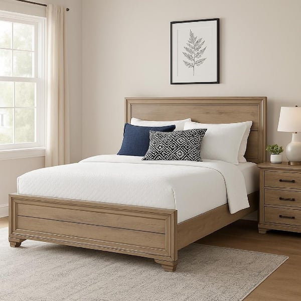 Modern Natural Brown Wood Frame Queen Panel Bed with Panel Headboard