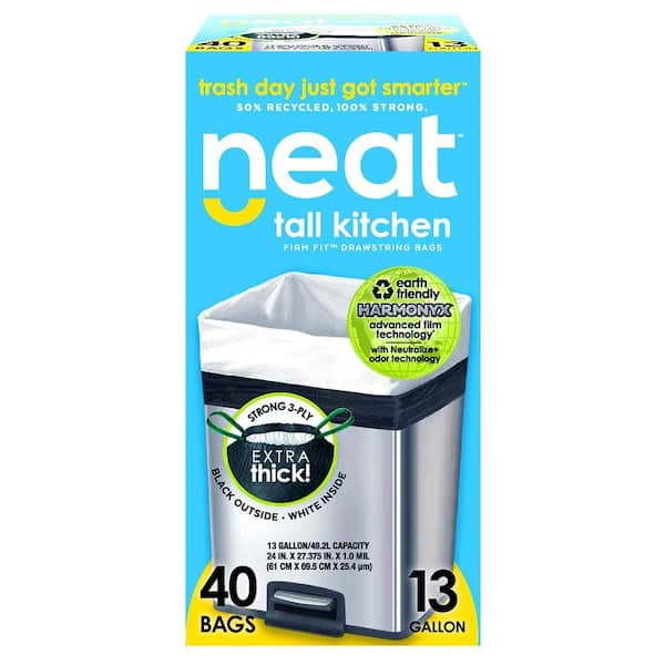 NEAT Tall Kitchen 13 Gal. 1.0 Mil Drawstring Kitchen Trash Bags Triple Ply Fortified, Eco-Friendly (Pack of 40)