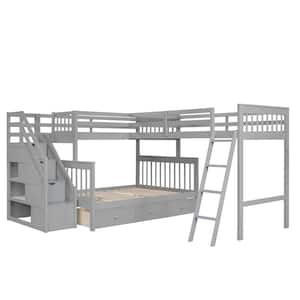 Gray Twin Over Full L-Shaped Bunk Bed with 3-Drawers, Ladder and Staircase
