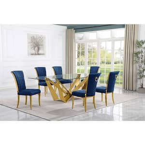 Meryl 7-Piece Rectangular Glass Top Gold Stainless Steel Base Dining Set With 6 Navy Blue Velvet Gold Chrome Leg Chairs