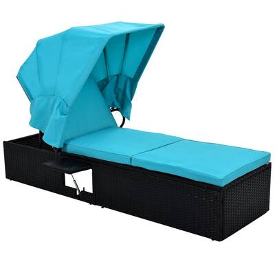 76.8 in. Black Wicker Long Reclining Single Chaise Lounge with Blue Cushions and Canopy