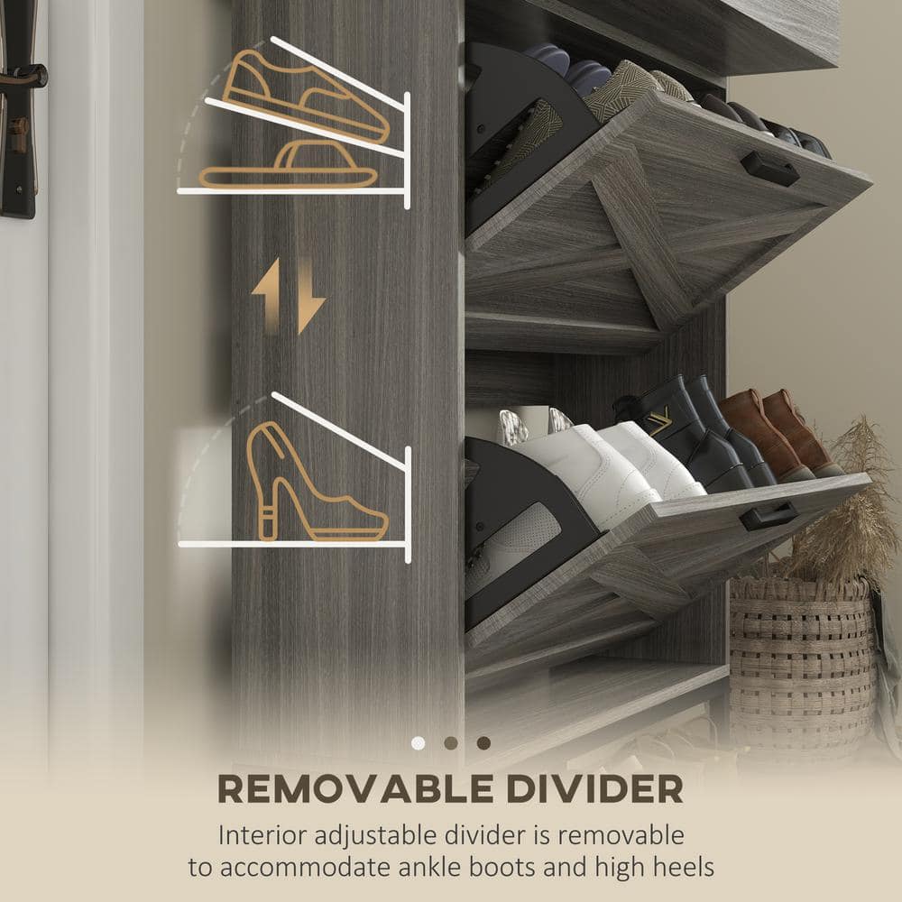 Distressed Gray Wood and Metal Slim Shoe Cabinet with Adjustable Shelves