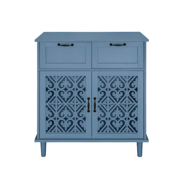 Zorlen Blue 35.55 in. H Modern 2-drawer 2-door Storage Cabinet with Metal Handles, Hollow Carved Design
