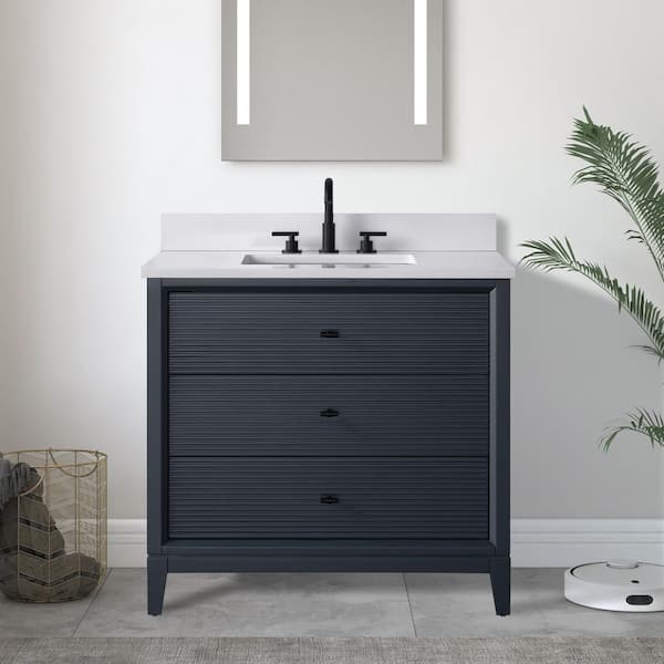 36 in. W x 22 in. D Single Sink Freestanding Vintage Spruce Blue Bath Vanity Cabinet with White Engineered Marble Top