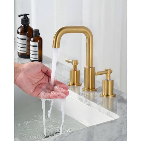 3 Hole 8 in. Widespread Double Handle High Arc Bathroom Faucet with Drain Kit Included and Supply Line in Gold