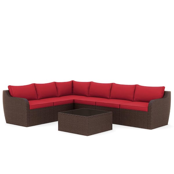 Tenleaf 7-Piece Rattan Wicker Patio Conversation Set with Ergonomic Curved Armrest/Red Waterproof Cushions and Glass Table