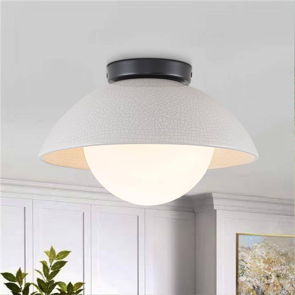 Aura Radiance 12 in. 1-Light White Crackle Finish Semi-Flush Mount Ceiling Light with Ceramic Dome and Opal Glass Shade price history on PriceWatchPro