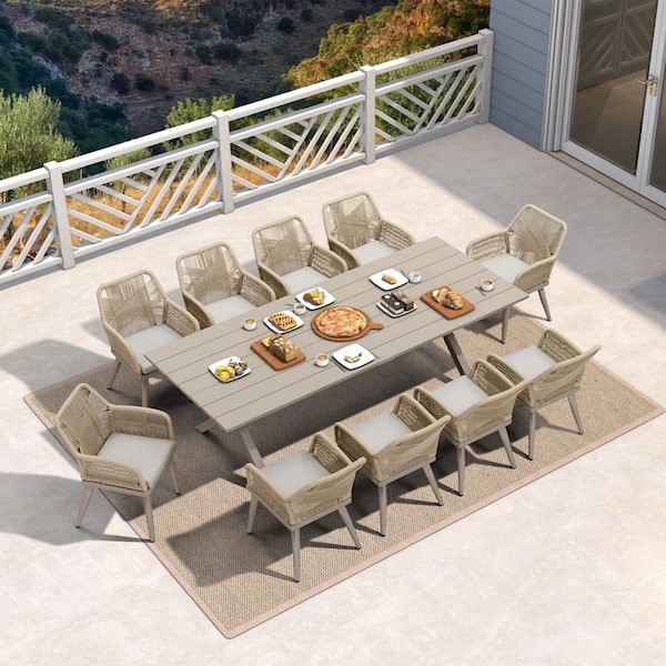 11-Piece Aluminum All-Weather PE Rattan Rectangular Outdoor Dining Set with Cushion, Champagne