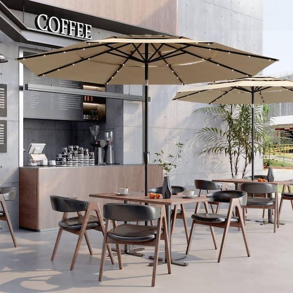 11 ft. 3-Tier Large Market Umbrella with 32 Solar Lights, Outdoor Patio Umbrella for Backyard, Deck, Poolside in khaki