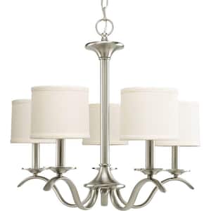Inspire Collection 5-Light Brushed Nickel Off-White Linen Shade Traditional Empire Chandelier Light