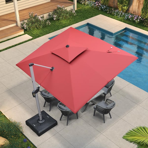 PURPLE LEAF 9 ft. x 11 ft. High-Quality Aluminum Cantilever Polyester Outdoor Patio Umbrella with Base, Terra