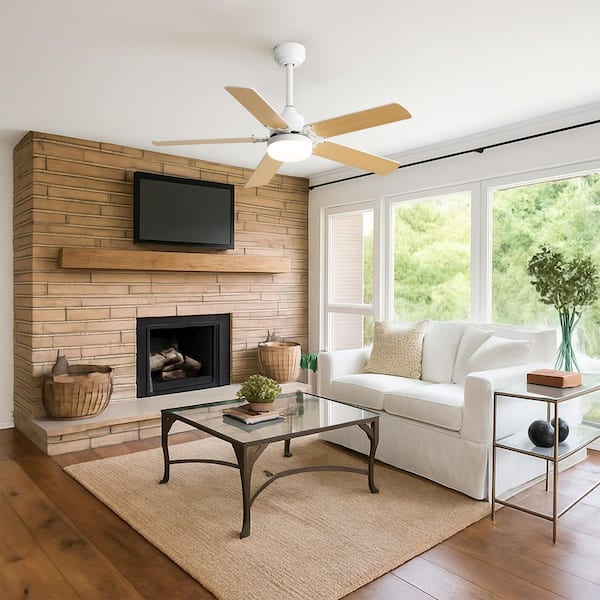 GlowAir 42 in. Smart Indoor White Oak Downrod Mount Modern Standard Ceiling Fan with Integrated LED and Remote Control