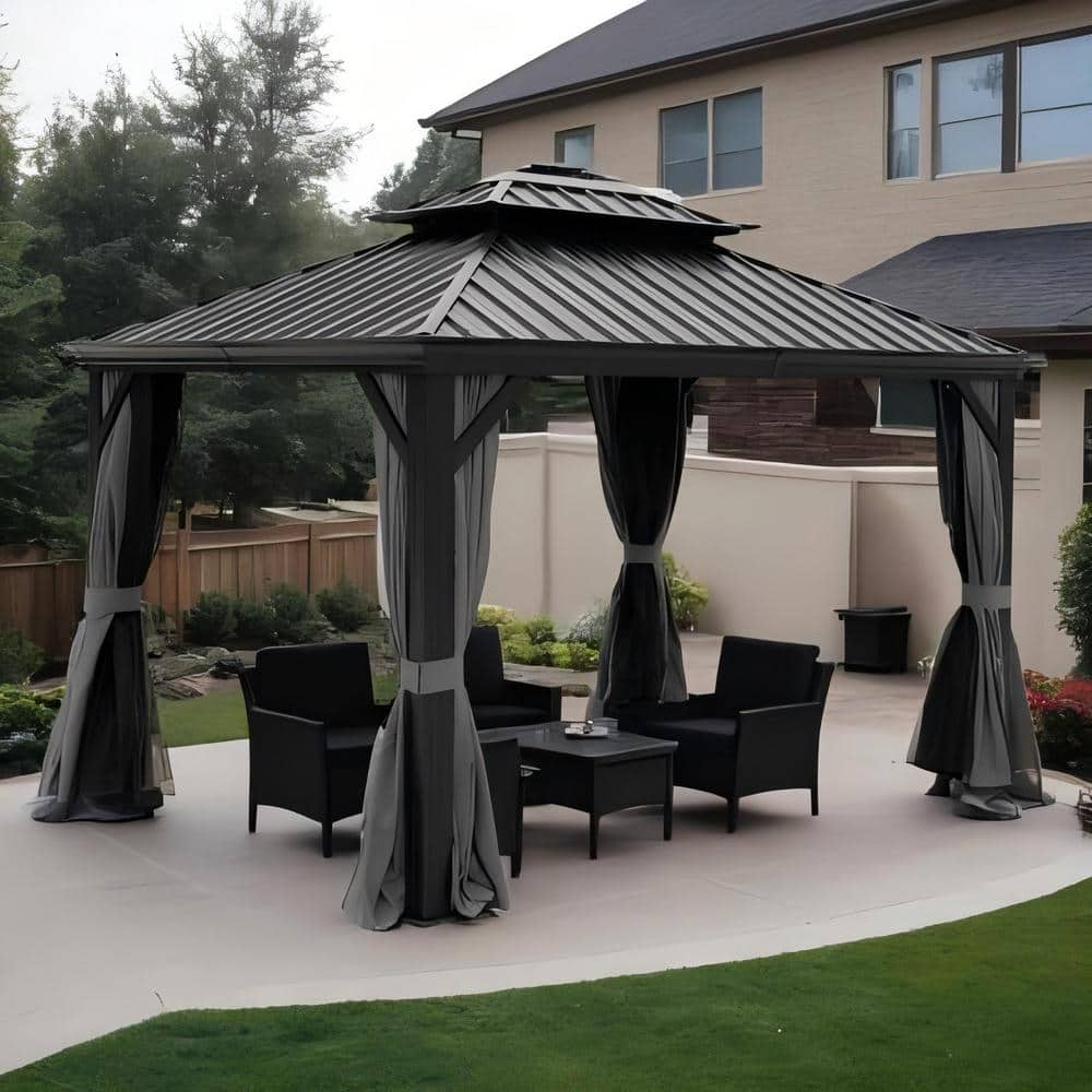 Clihome 10 ft. x 12 ft. Outdoor Black Hardtop Gazebo with Curtains and ...