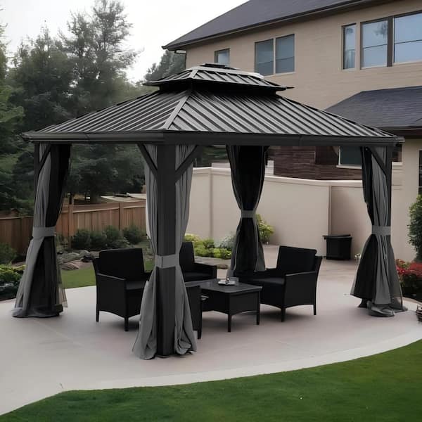 Clihome 10 ft. x 12 ft. Outdoor Black Hardtop Gazebo with Curtains and Hooks