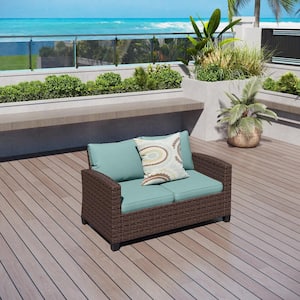 Dark Brown Rattan Wicker Outdoor Patio Loveseat with Blue Cushions